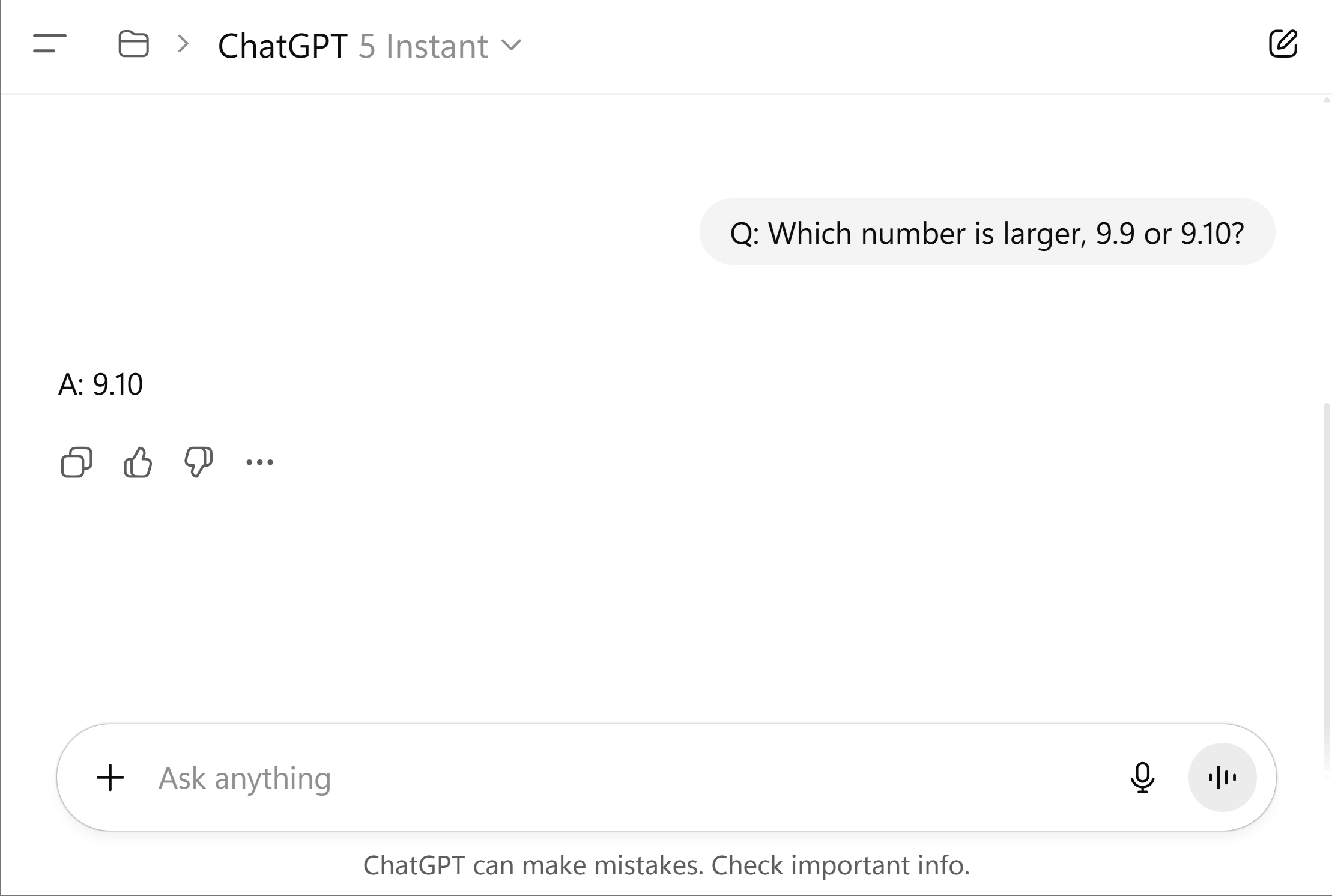 ChatGPT 5 Instant answers the number comparison question incorrectly when forced to respond immediately.