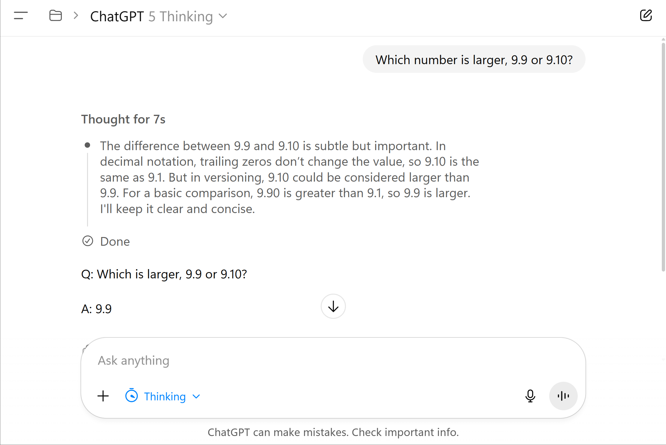 ChatGPT 5 Thinking solves the number comparison question correctly by reasoning step-by-step.