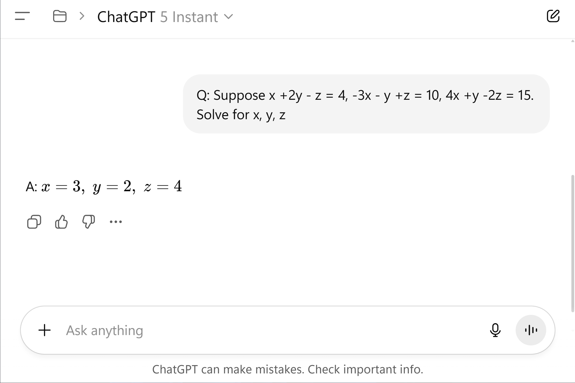 ChatGPT 5 Instant fails to solve the linear system without reasoning.