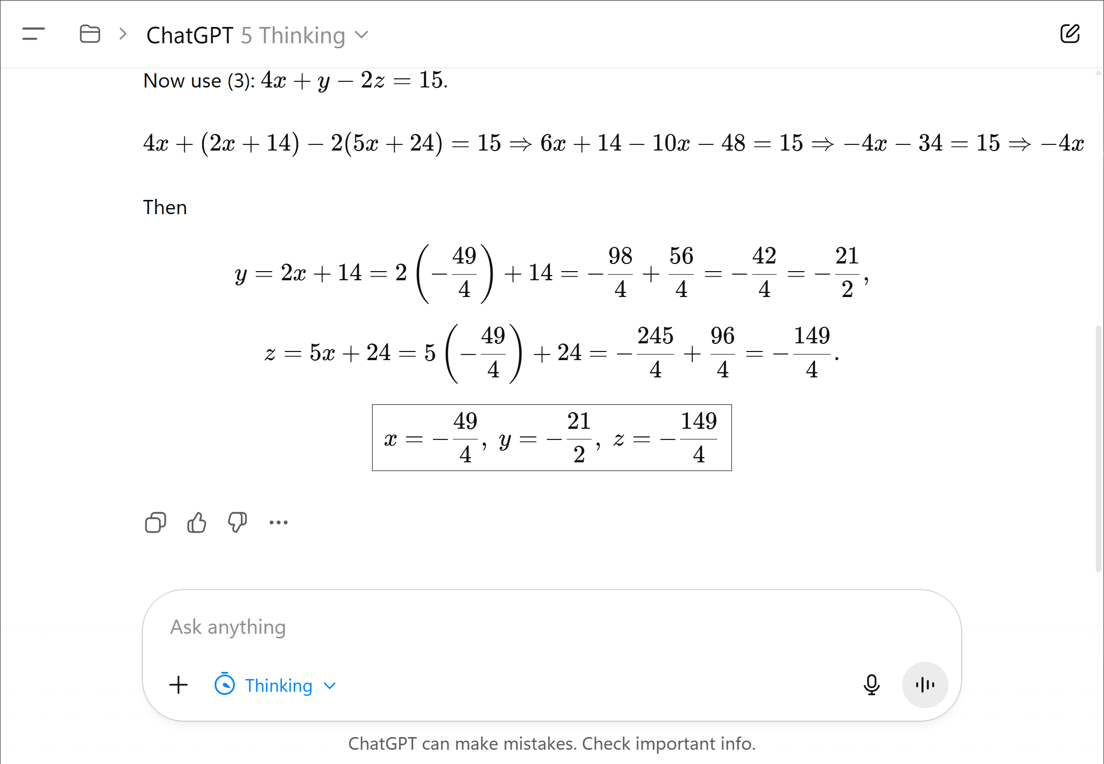 ChatGPT 5 Thinking solves the linear system with a reasoning trace.